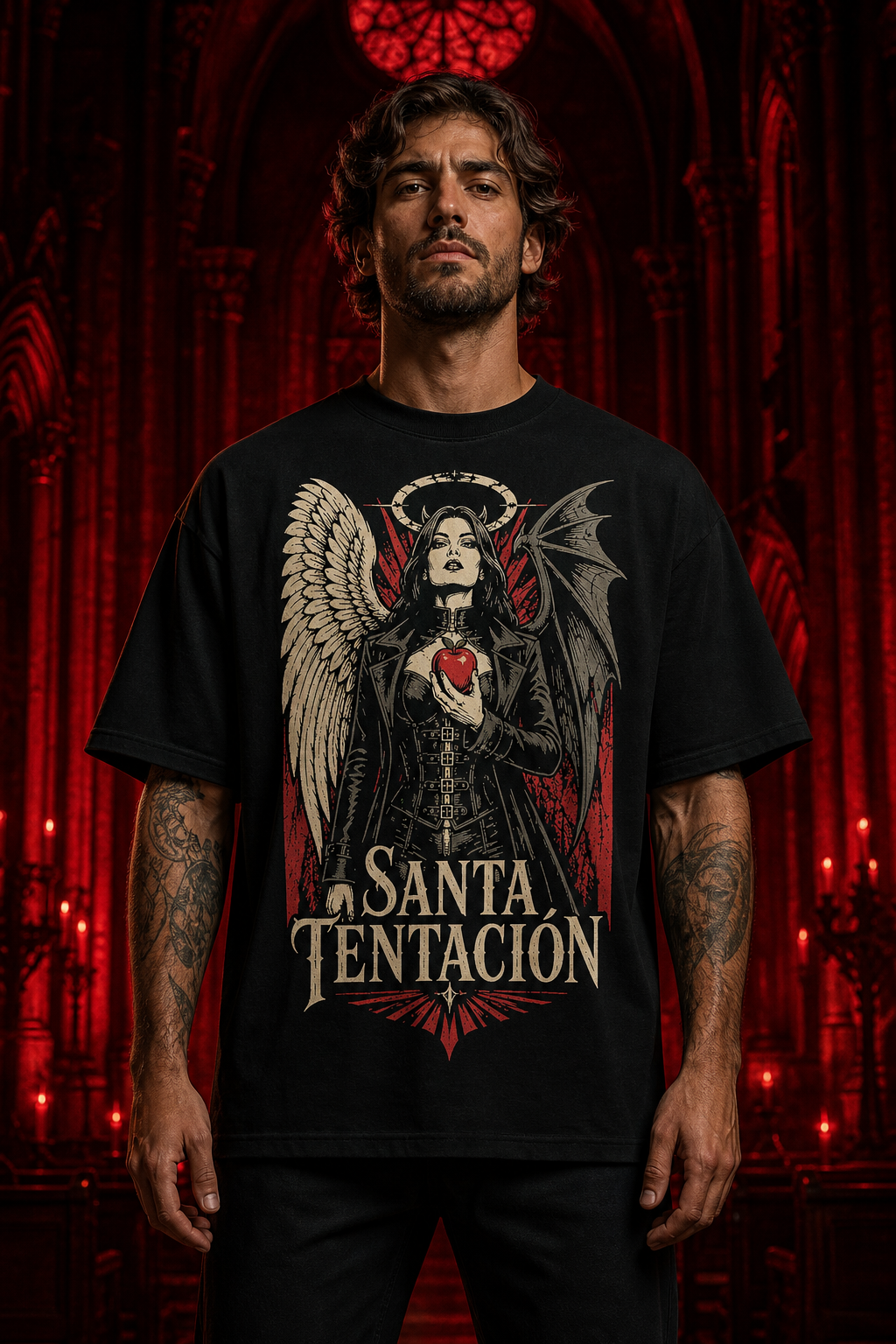 Camiseta Santa Tentación - negra oversize hombre infierno