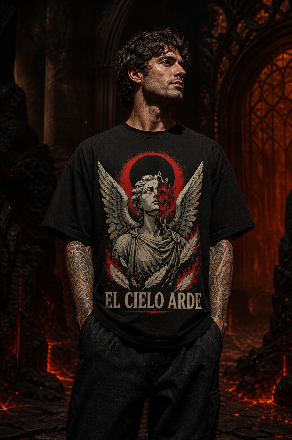 Camiseta El Cielo Arde - negra oversize hombre infierno
