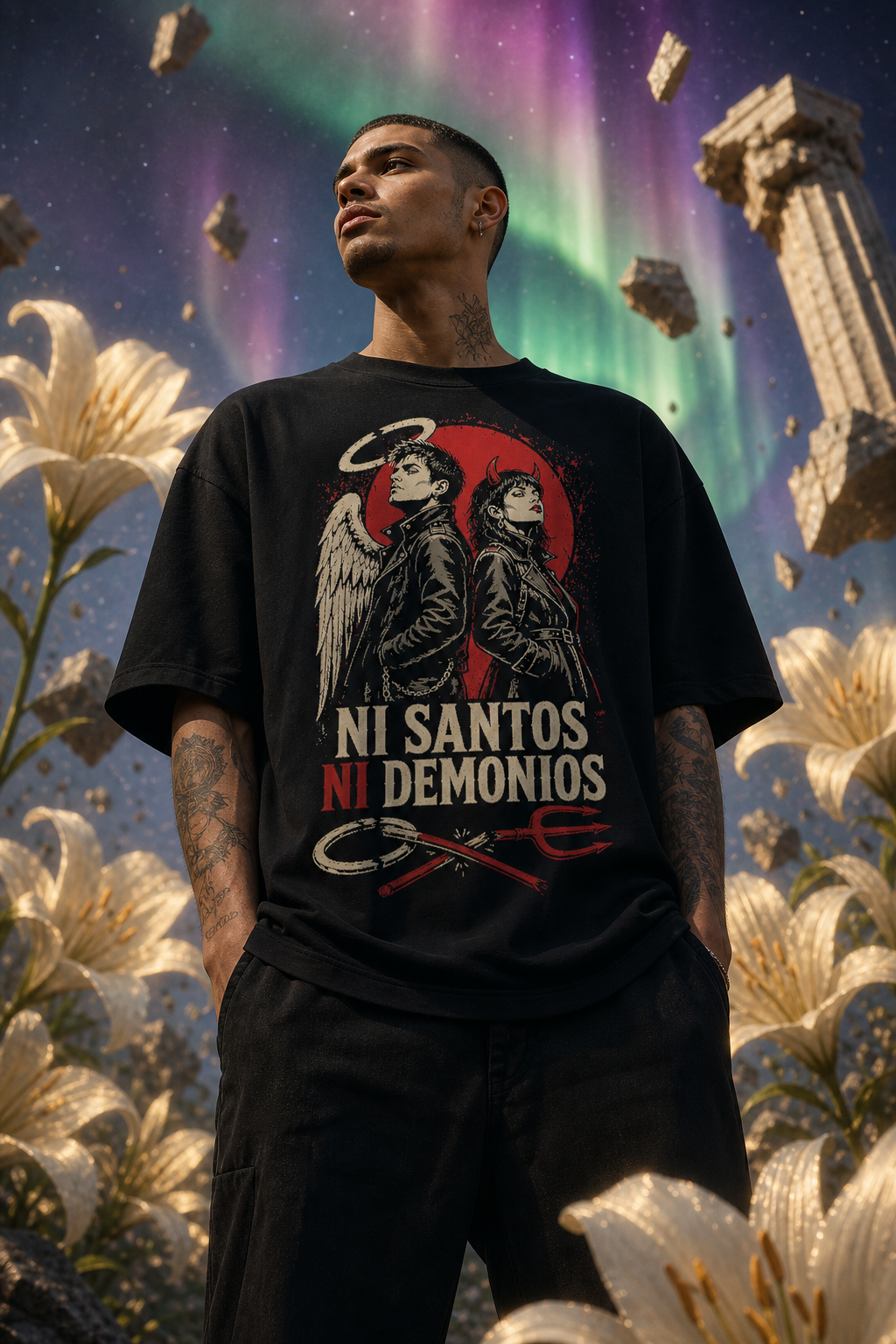 Camiseta Ni Santos Ni Demonios - negra oversize hombre jardín celestial