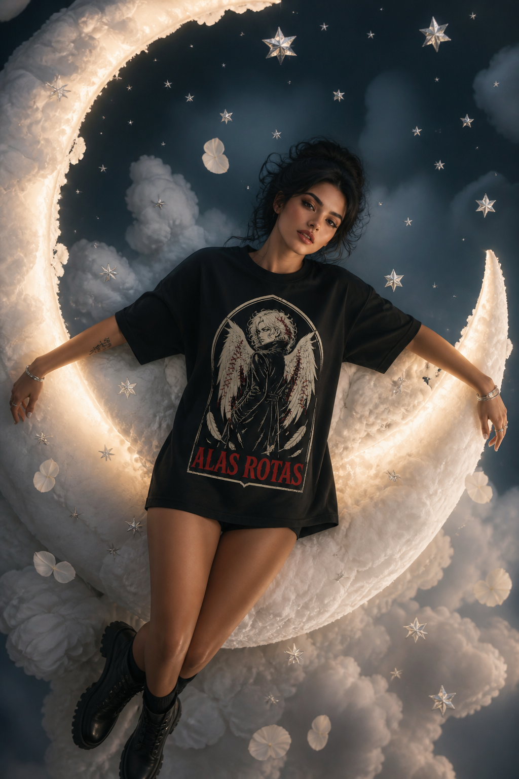 Camiseta Alas Rotas - negra oversize mujer luna celestial
