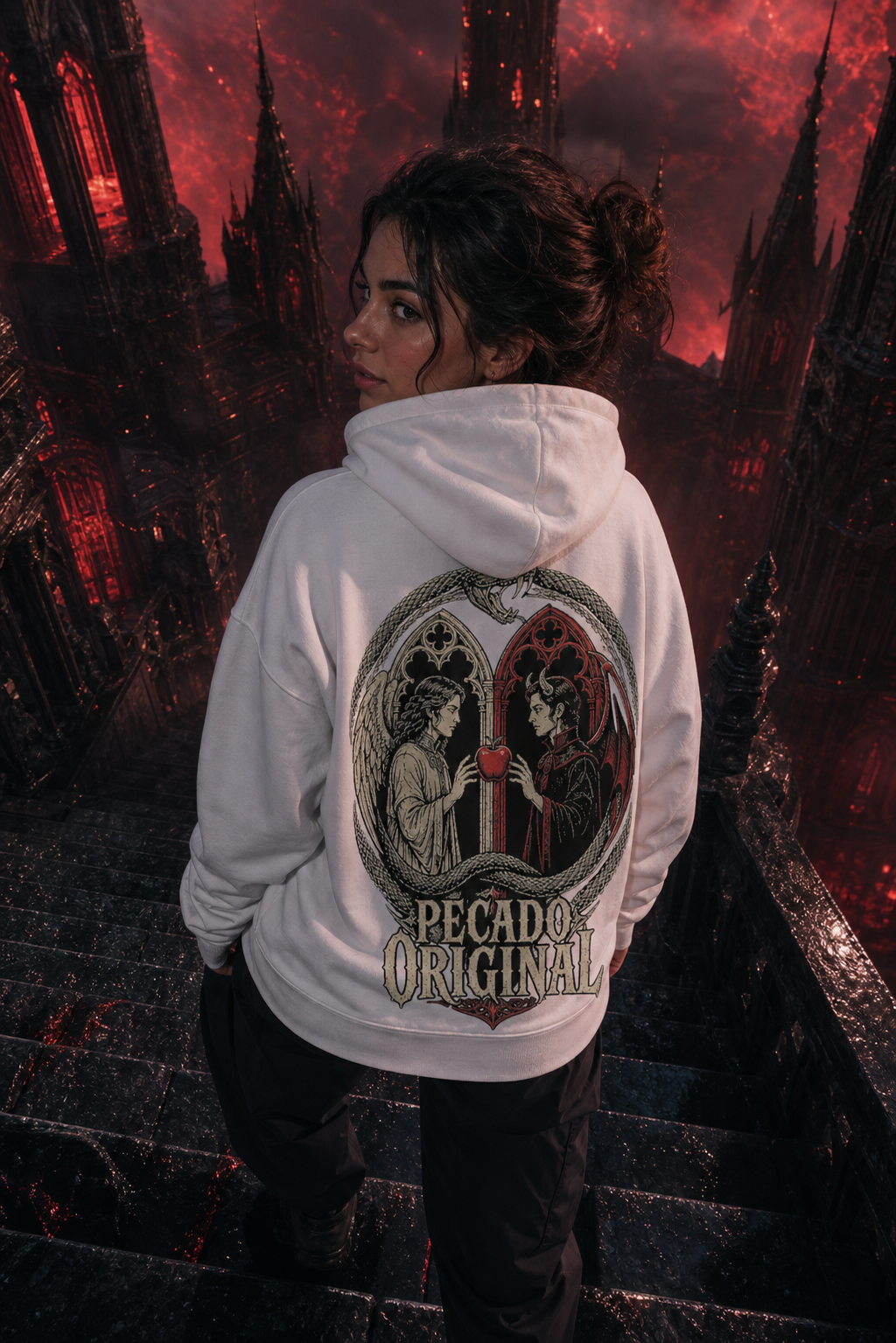 Sudadera Pecado Original - blanca mujer escaleras inframundo