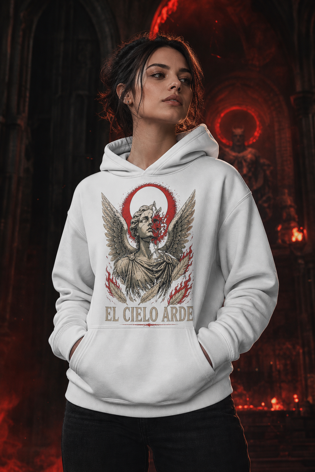 Sudadera El Cielo Arde - blanca mujer infierno