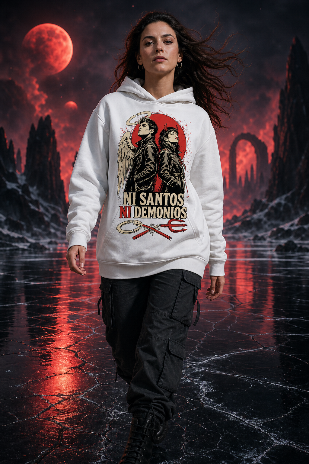 Sudadera Ni Santos Ni Demonios - blanca mujer lago inframundo