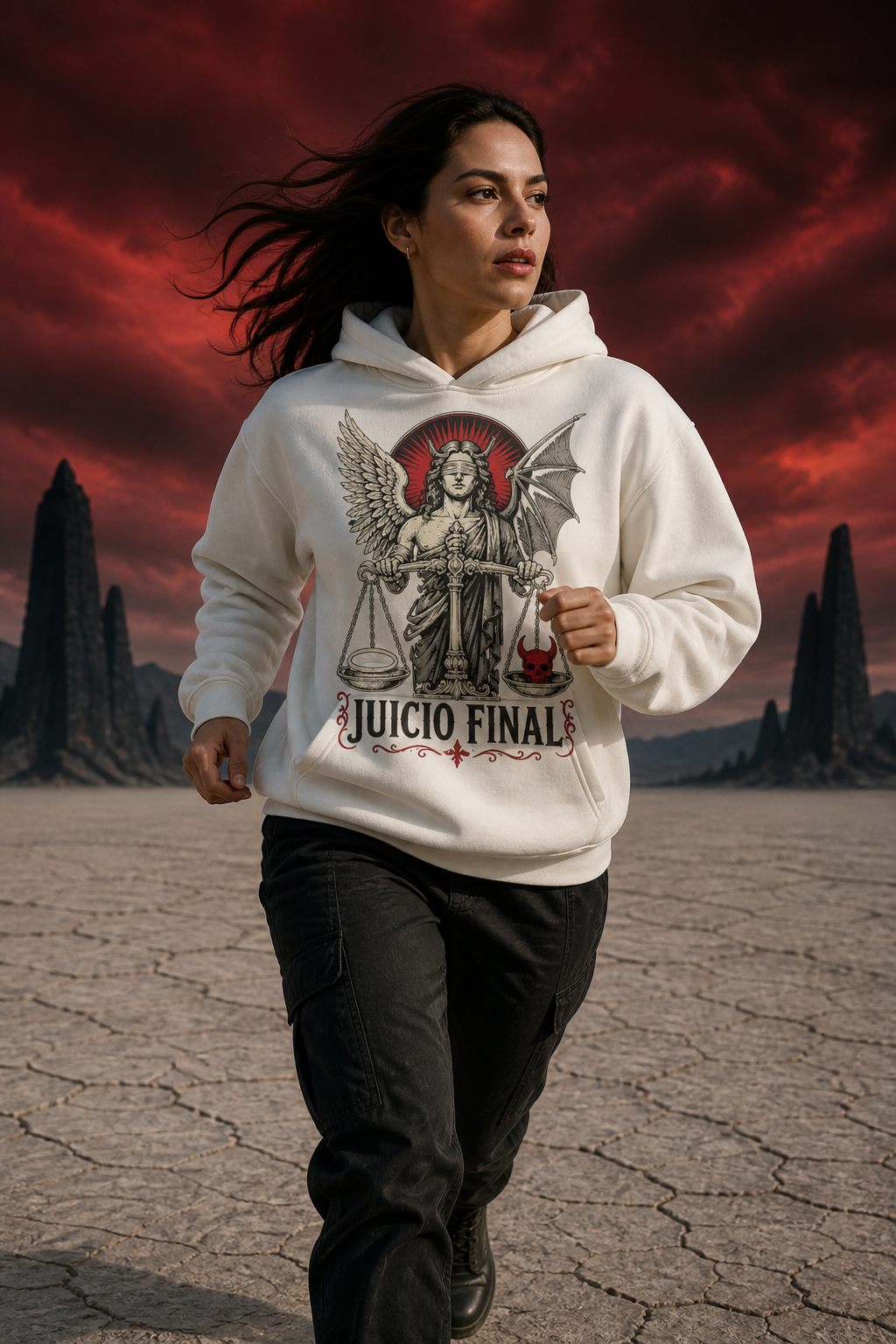 Sudadera Juicio Final - blanca mujer salar rojo