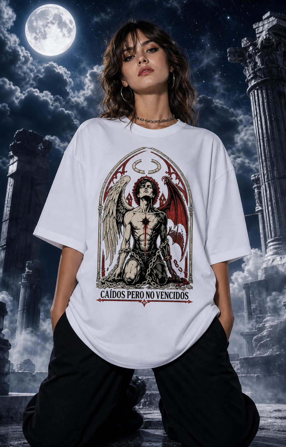 Camiseta Caídos Pero No Vencidos - blanca oversize mujer cielo