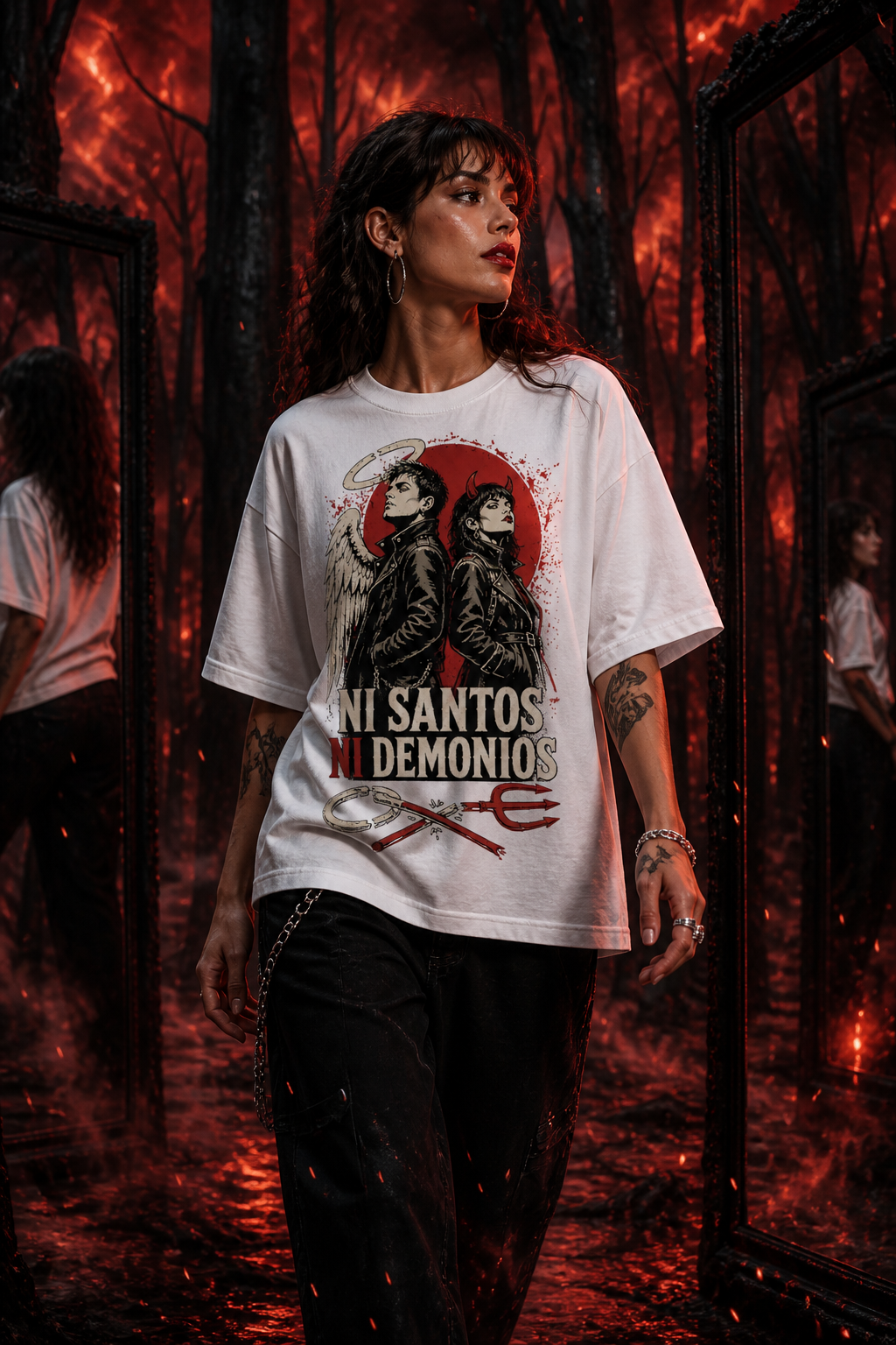 Camiseta Ni Santos Ni Demonios - blanca oversize mujer laberinto infernal