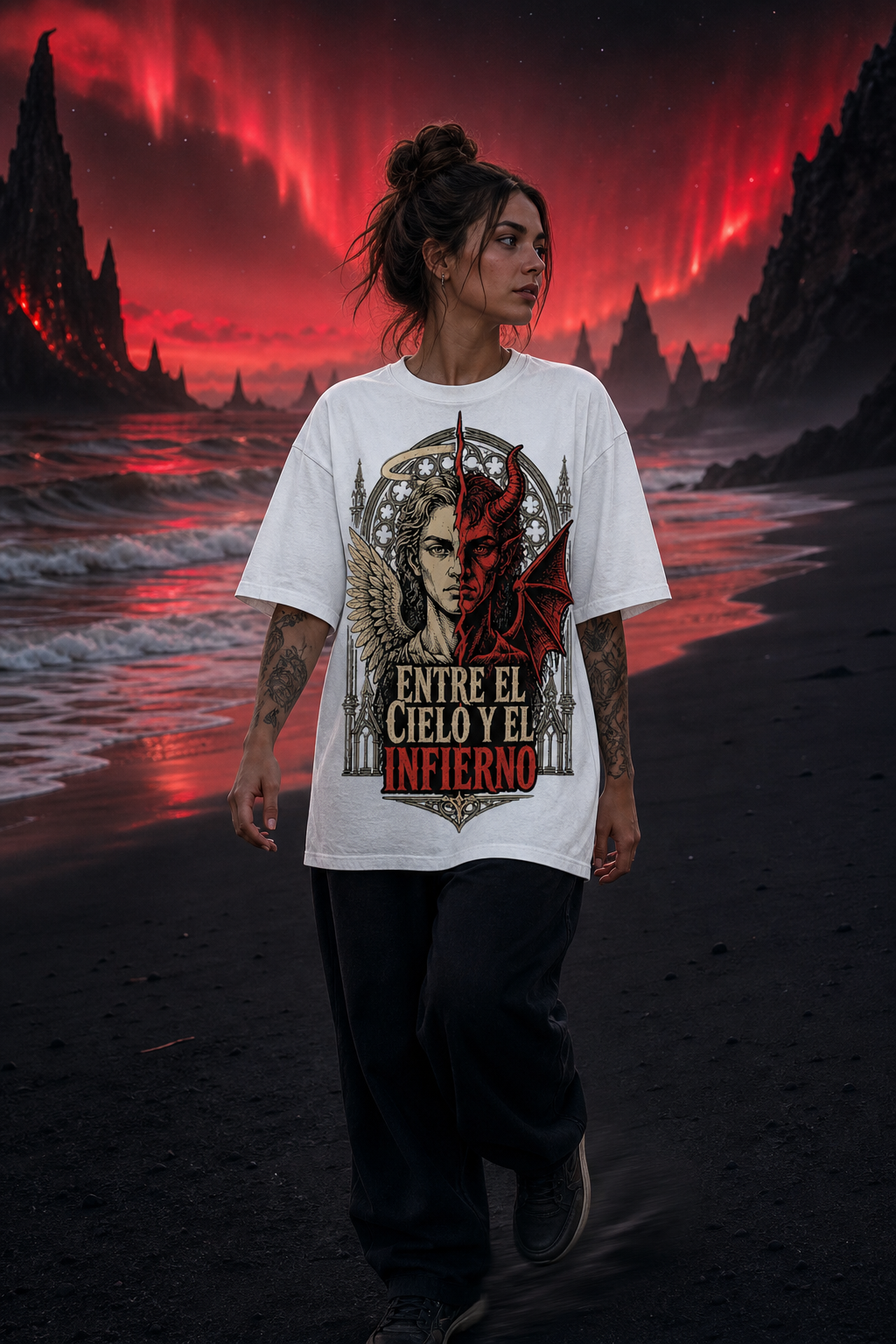 Camiseta Entre el Cielo y el Infierno - blanca oversize mujer playa infernal