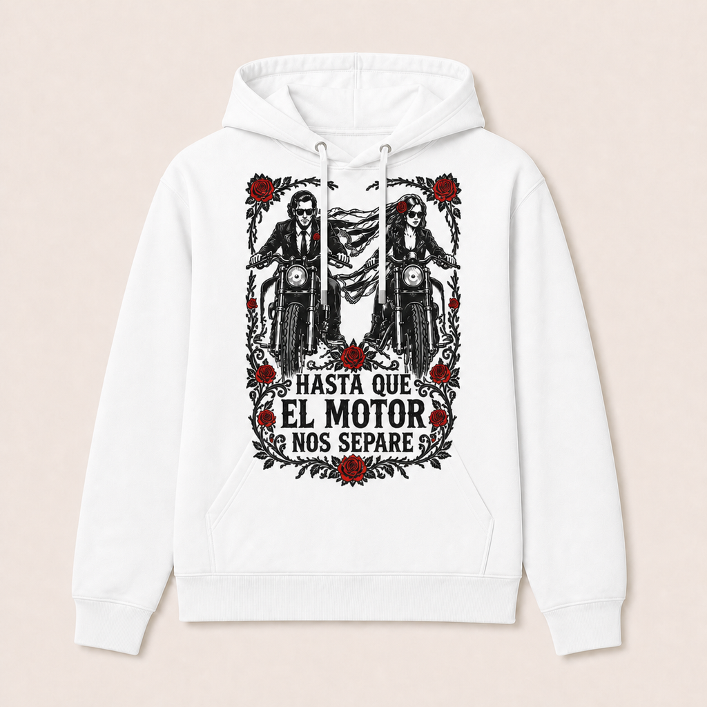 Hasta Que el Motor Nos Separe — Sudadera con capucha blanca, vista frontal