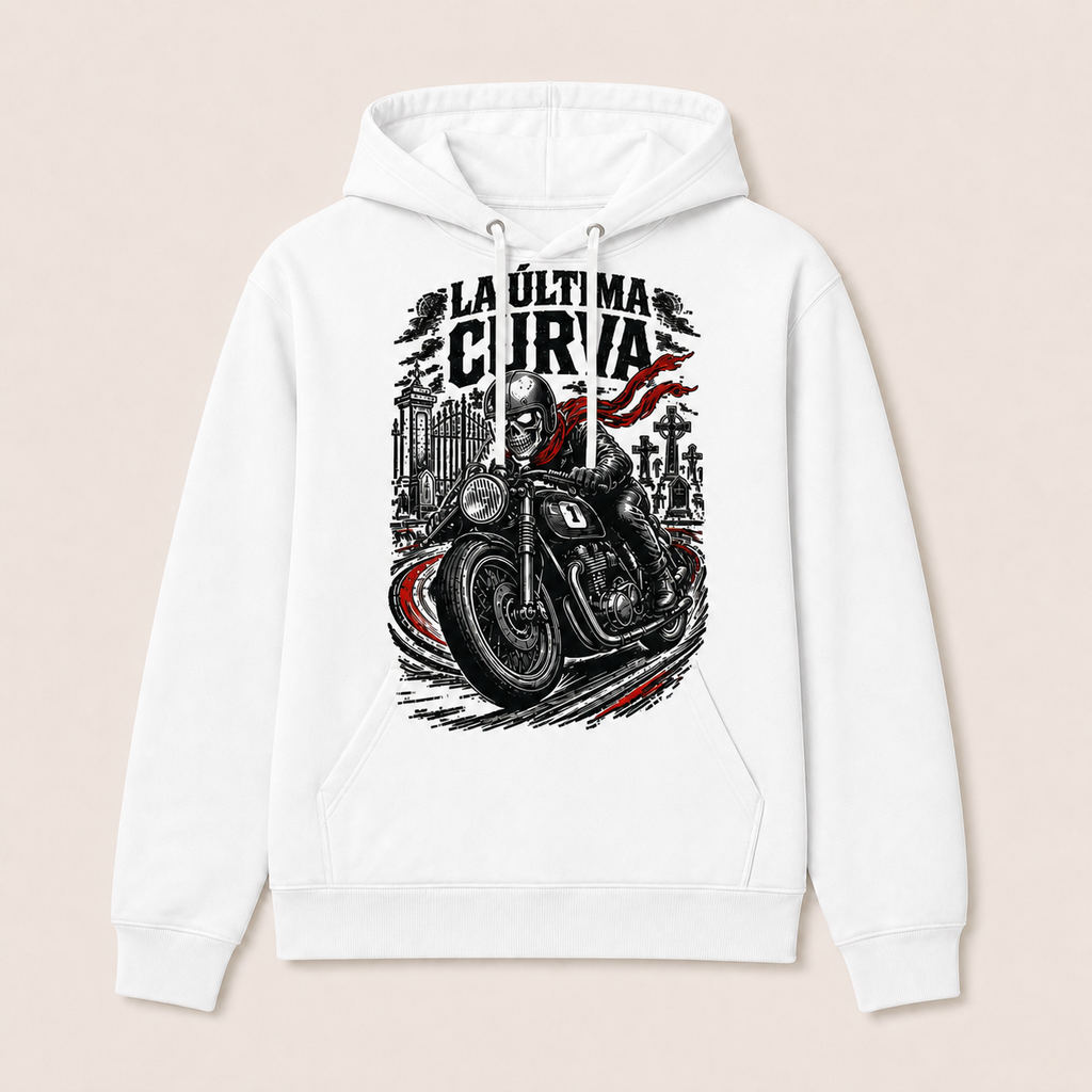 La Última Curva — Sudadera con capucha blanca, vista frontal