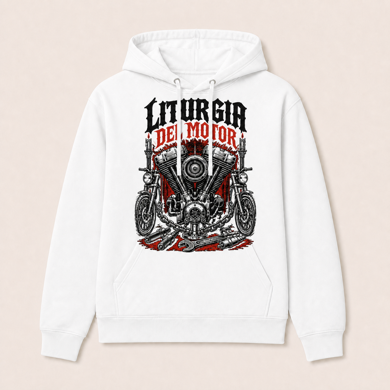 Liturgia del Motor — Sudadera con capucha blanca, vista frontal