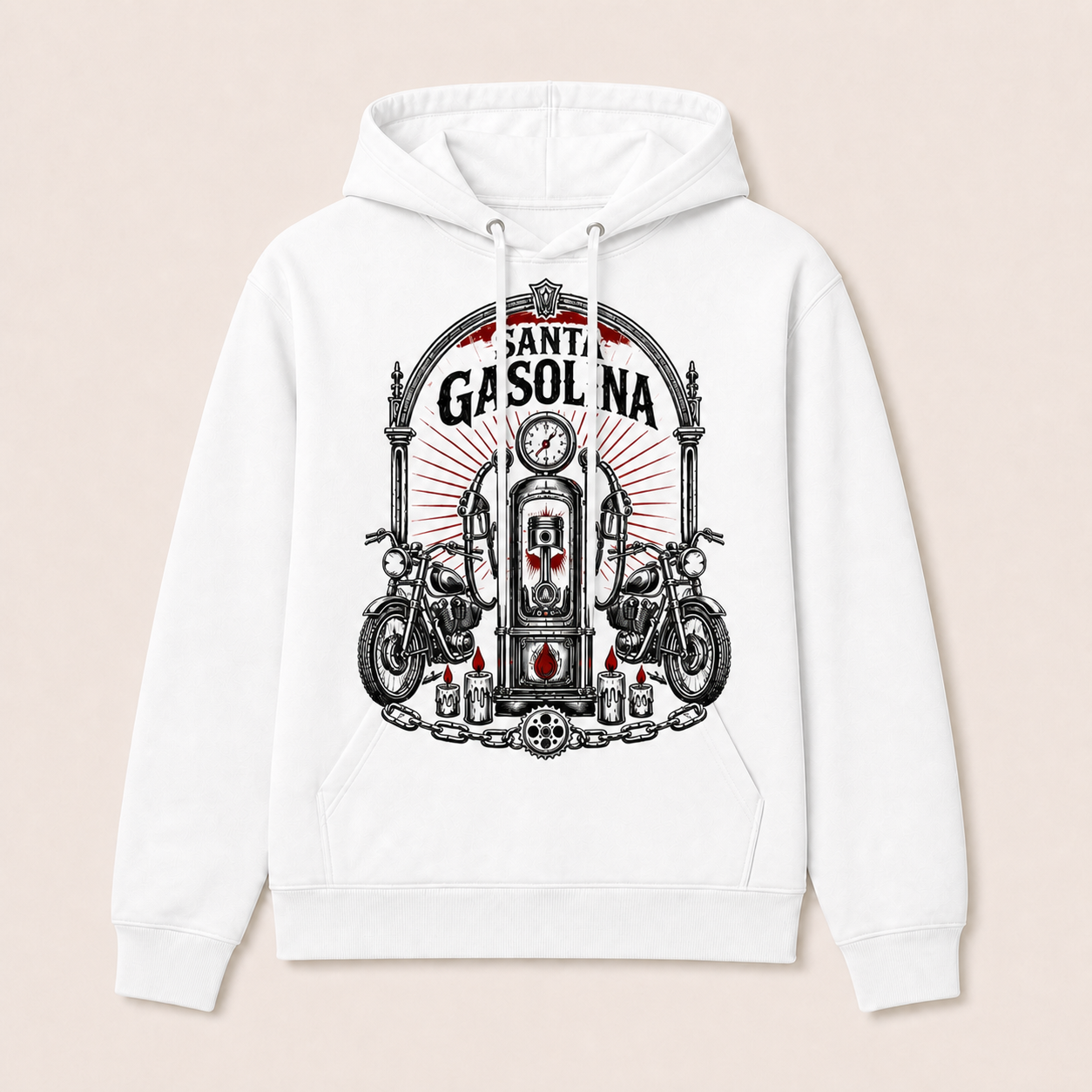 Santa Gasolina — Sudadera con capucha blanca, vista frontal