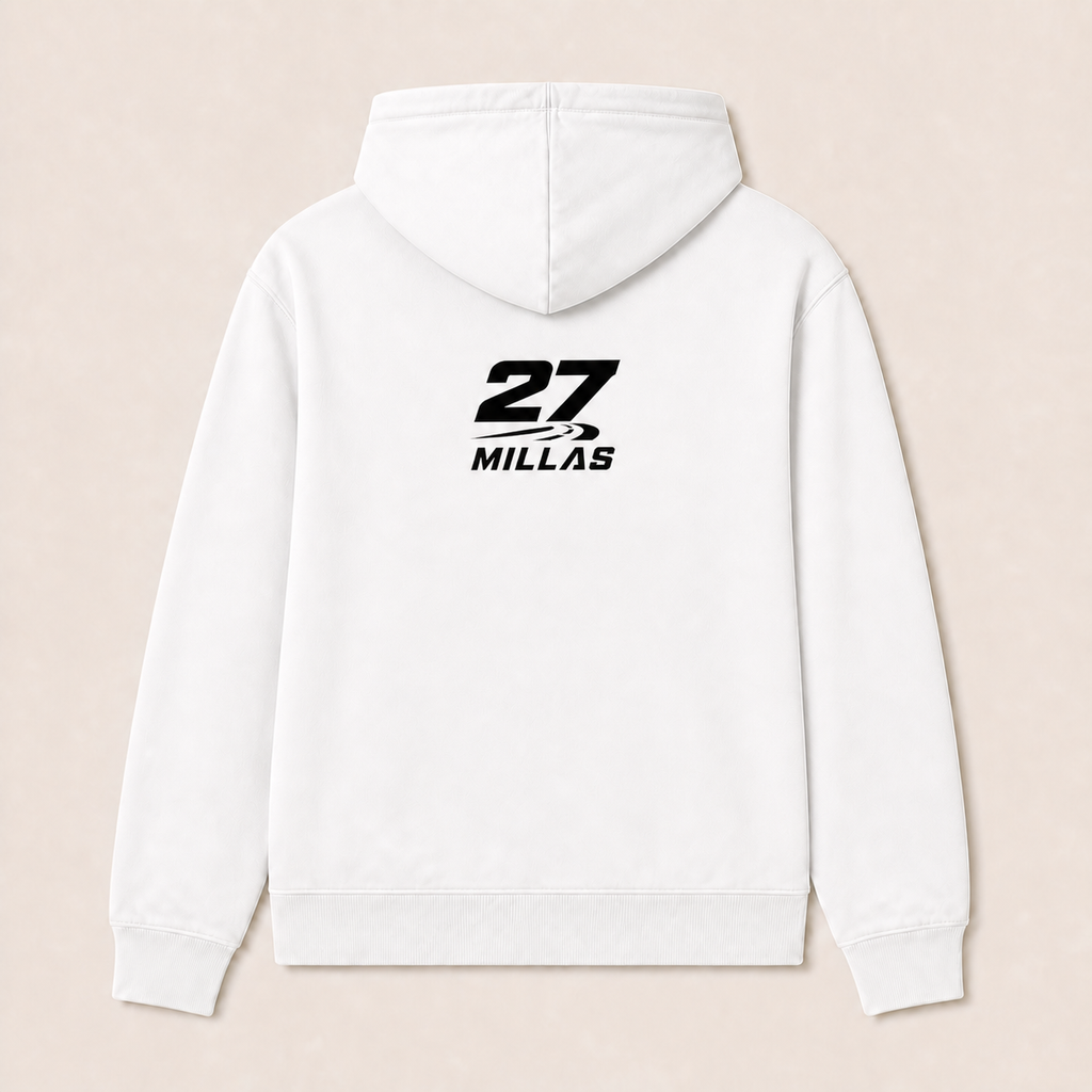 La Última Curva — Sudadera con capucha blanca, vista posterior con logotipo 27 Millas