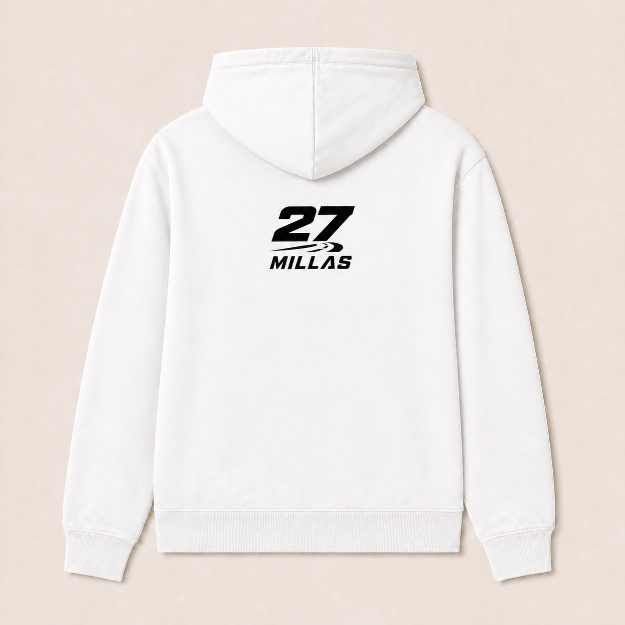 La Última Curva — Sudadera con capucha blanca, vista posterior con logotipo 27 Millas