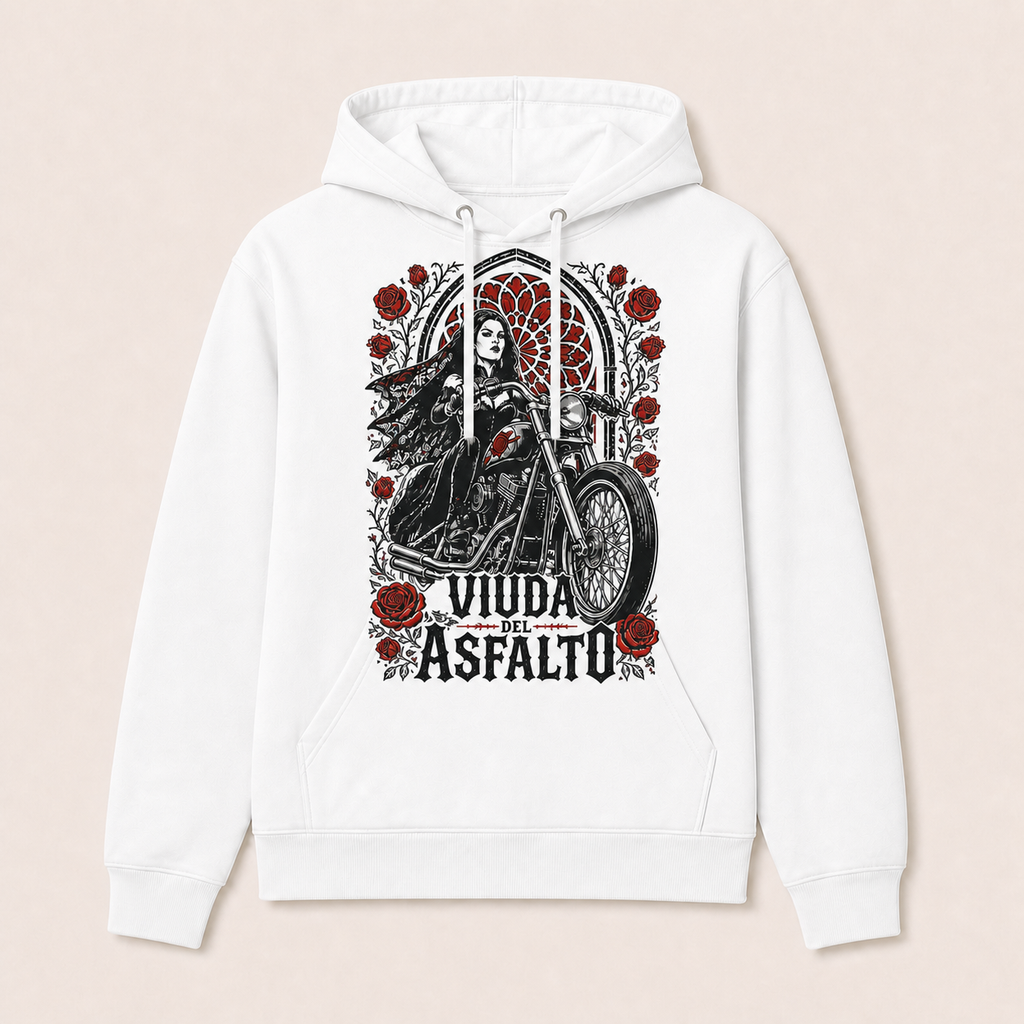 Viuda del Asfalto — Sudadera con capucha blanca, vista frontal