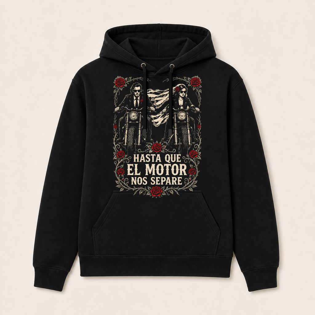 Hasta Que el Motor Nos Separe — Sudadera con capucha negra, vista frontal