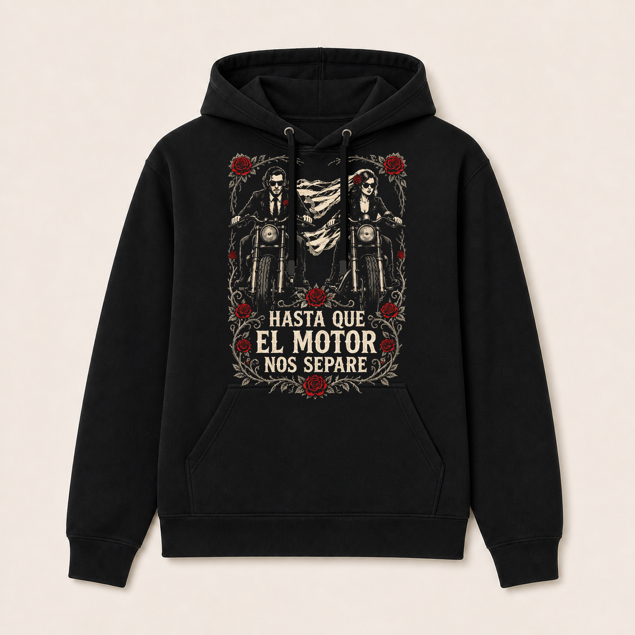 Hasta Que el Motor Nos Separe — Sudadera con capucha negra, vista frontal