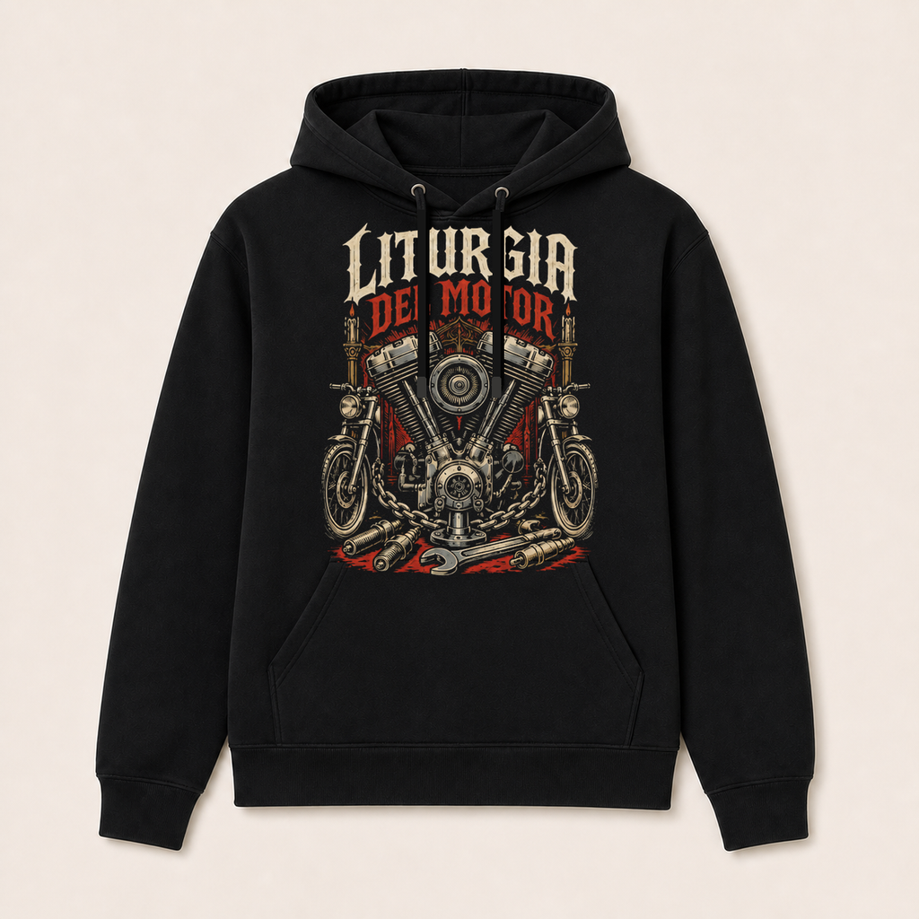 Liturgia del Motor — Sudadera con capucha negra, vista frontal
