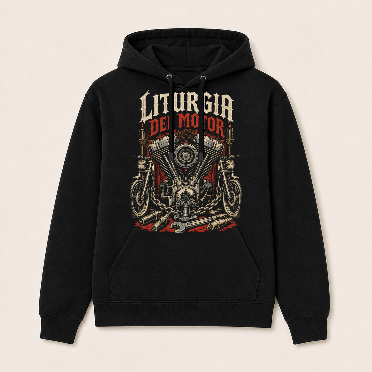 Liturgia del Motor — Sudadera con capucha negra, vista frontal