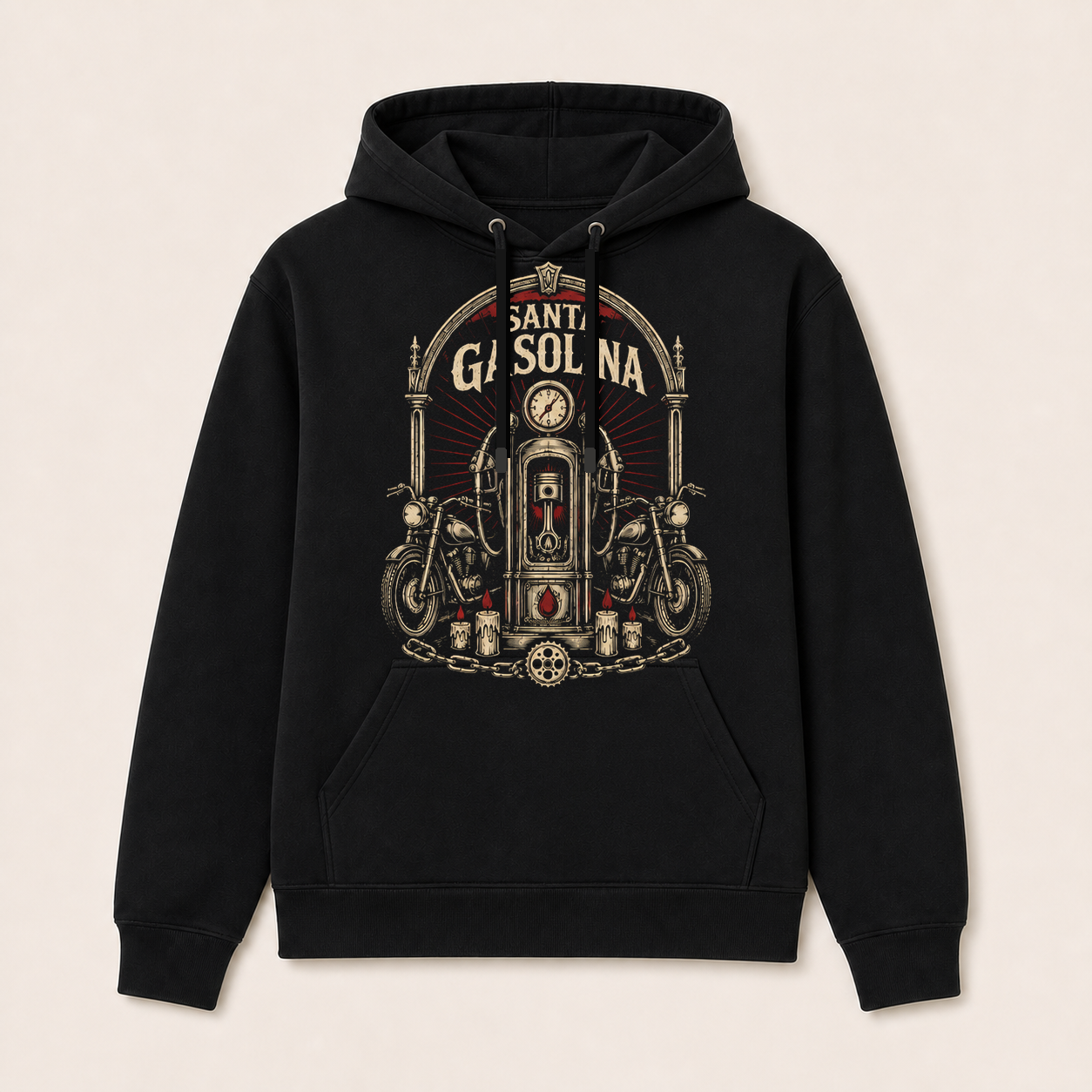 Santa Gasolina — Sudadera con capucha negra, vista frontal
