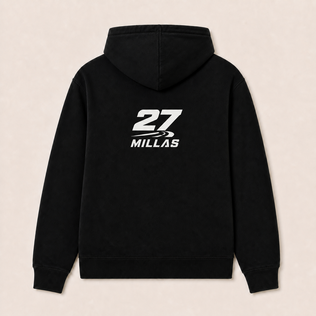 La Última Curva — Sudadera con capucha negra, vista posterior con logotipo 27 Millas
