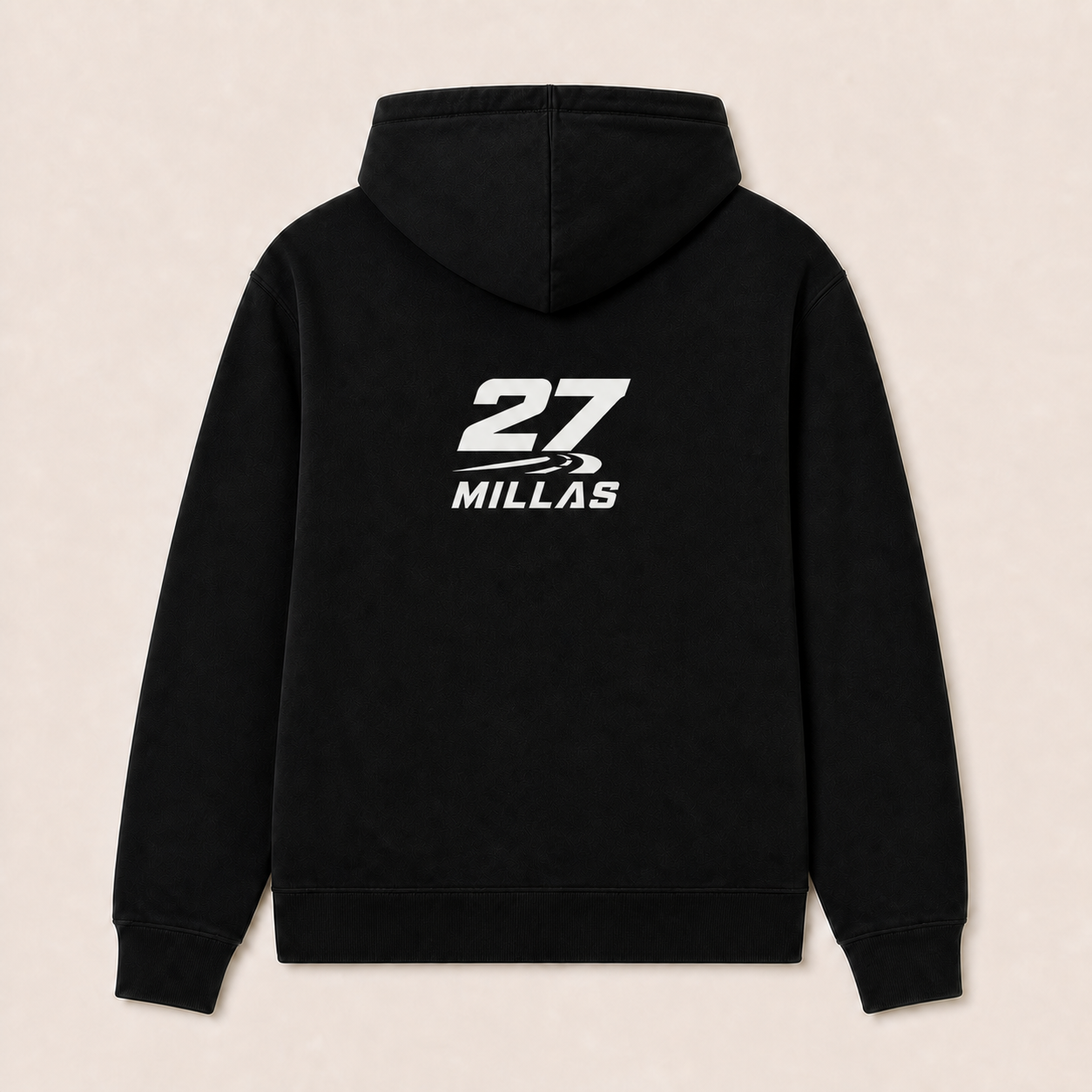 La Última Curva — Sudadera con capucha negra, vista posterior con logotipo 27 Millas