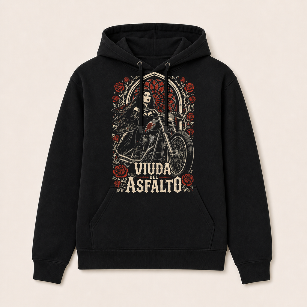 Viuda del Asfalto — Sudadera con capucha negra, vista frontal