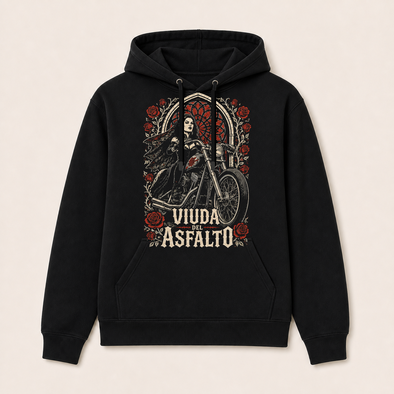 Viuda del Asfalto — Sudadera con capucha negra, vista frontal