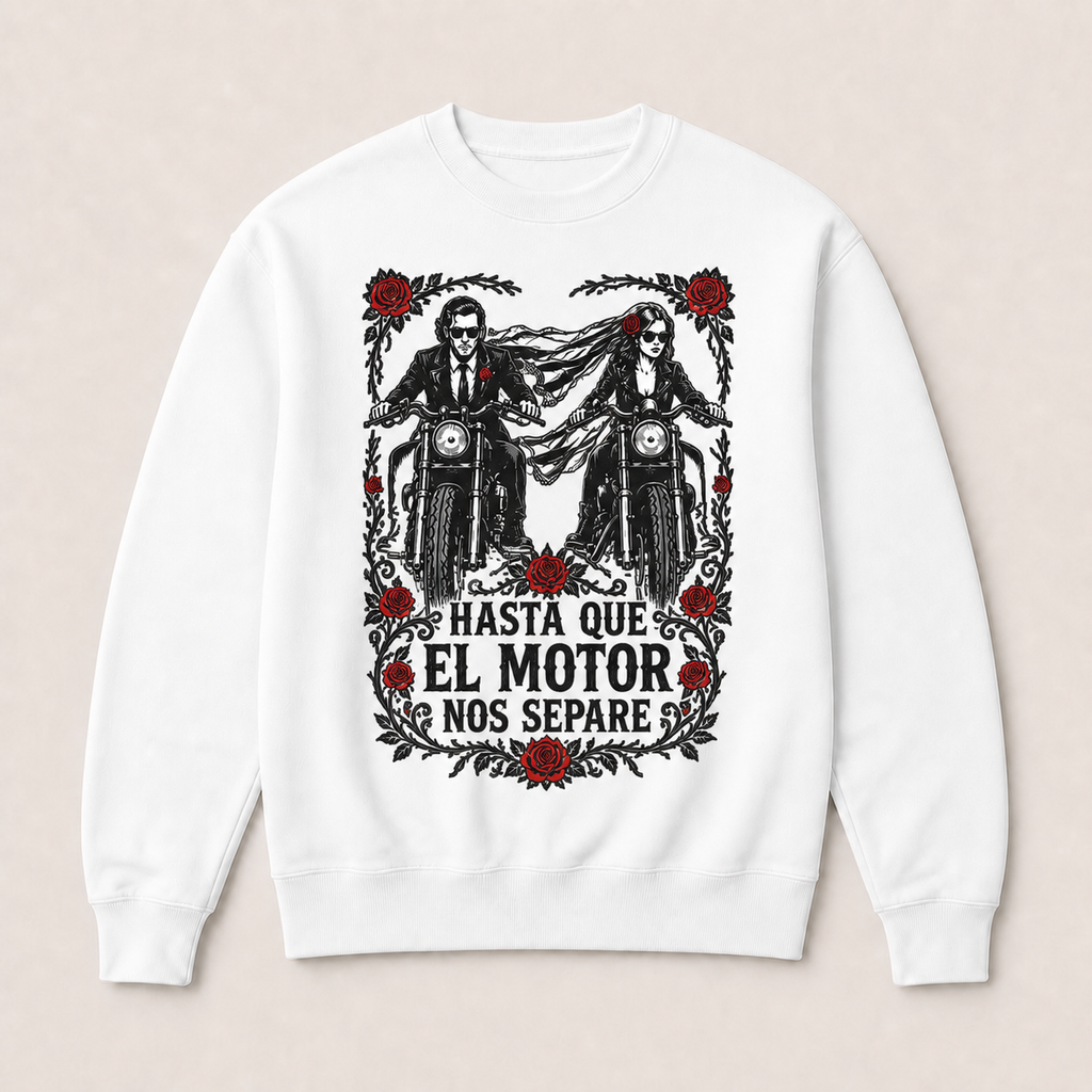 Hasta Que el Motor Nos Separe — Sudadera sin capucha blanca, vista frontal