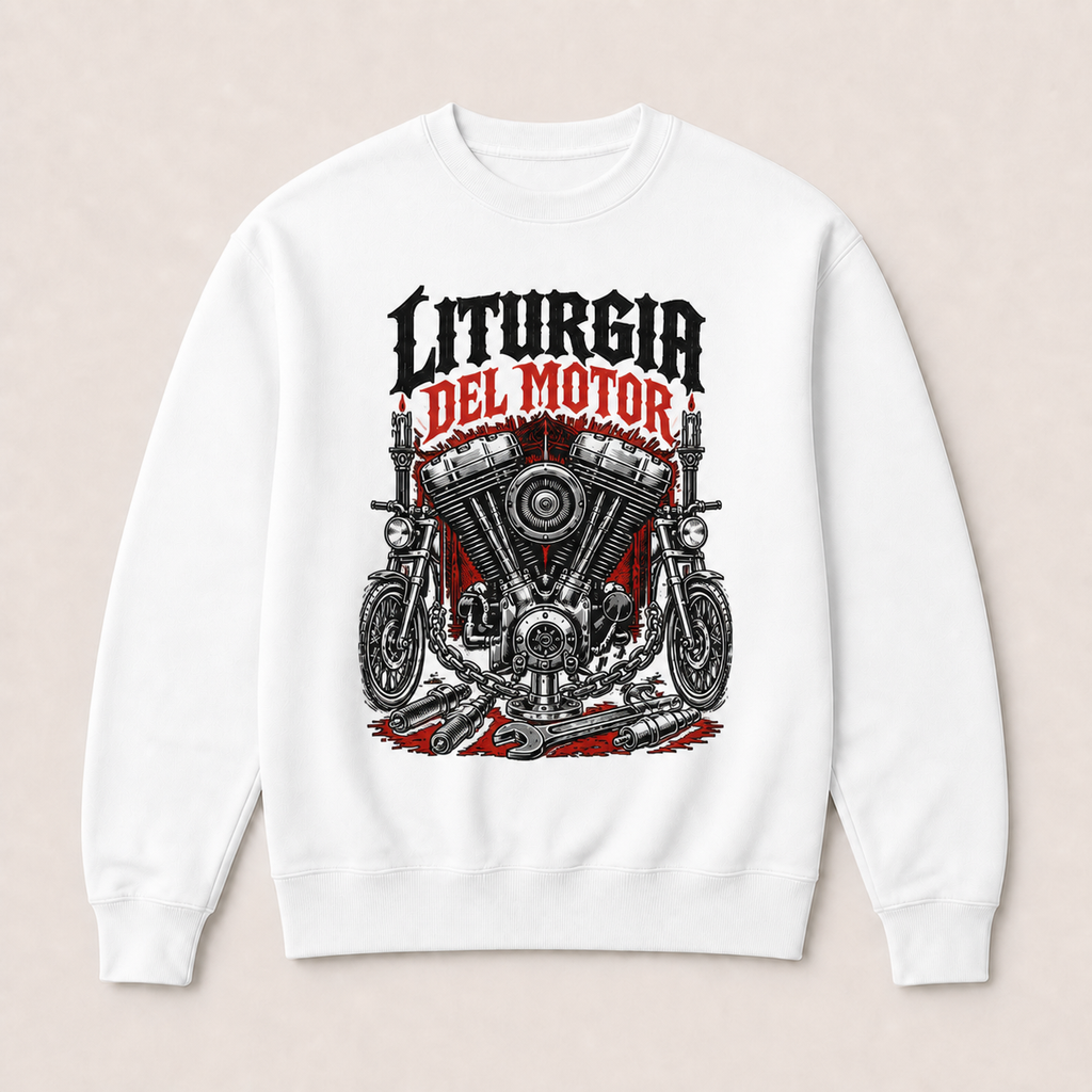 Liturgia del Motor — Sudadera sin capucha blanca, vista frontal