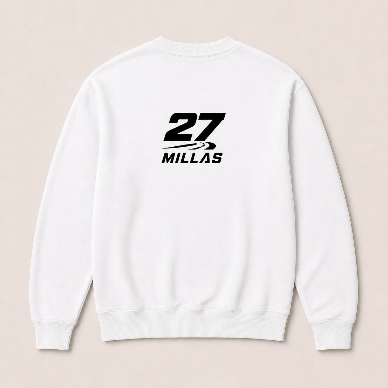 Réquiem a 200 — Sudadera sin capucha blanca, vista posterior con logotipo 27 Millas