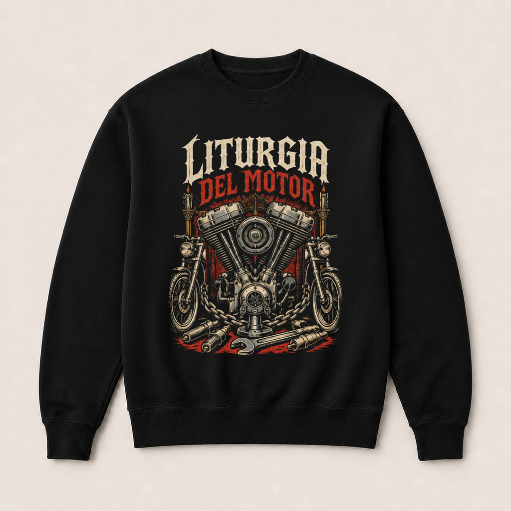 Liturgia del Motor — Sudadera sin capucha negra, vista frontal