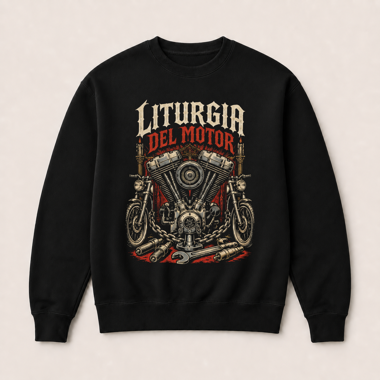 Liturgia del Motor — Sudadera sin capucha negra, vista frontal