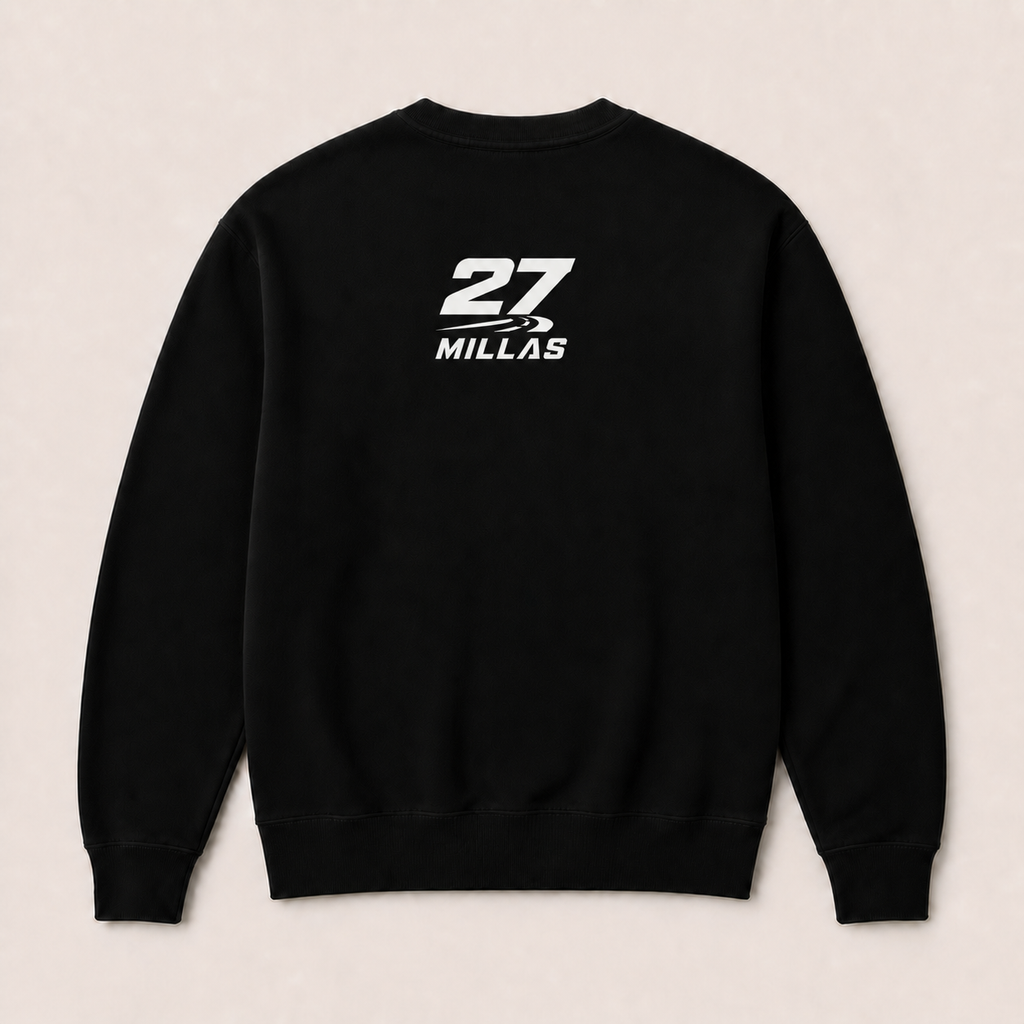 La Última Curva — Sudadera sin capucha negra, vista posterior con logotipo 27 Millas