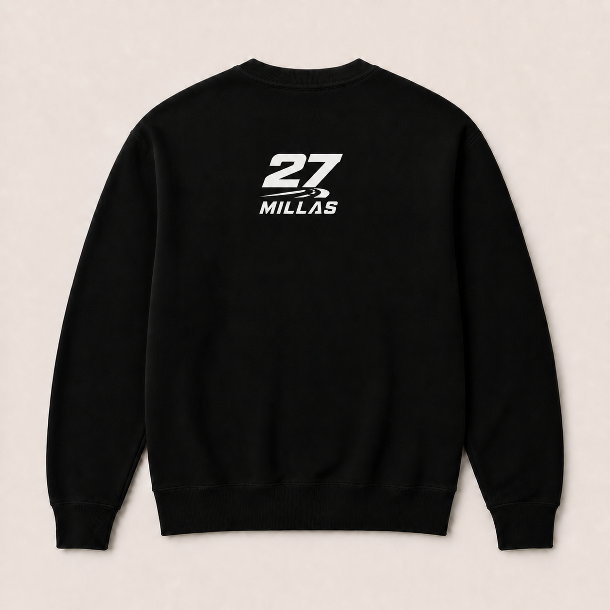 La Última Curva — Sudadera sin capucha negra, vista posterior con logotipo 27 Millas