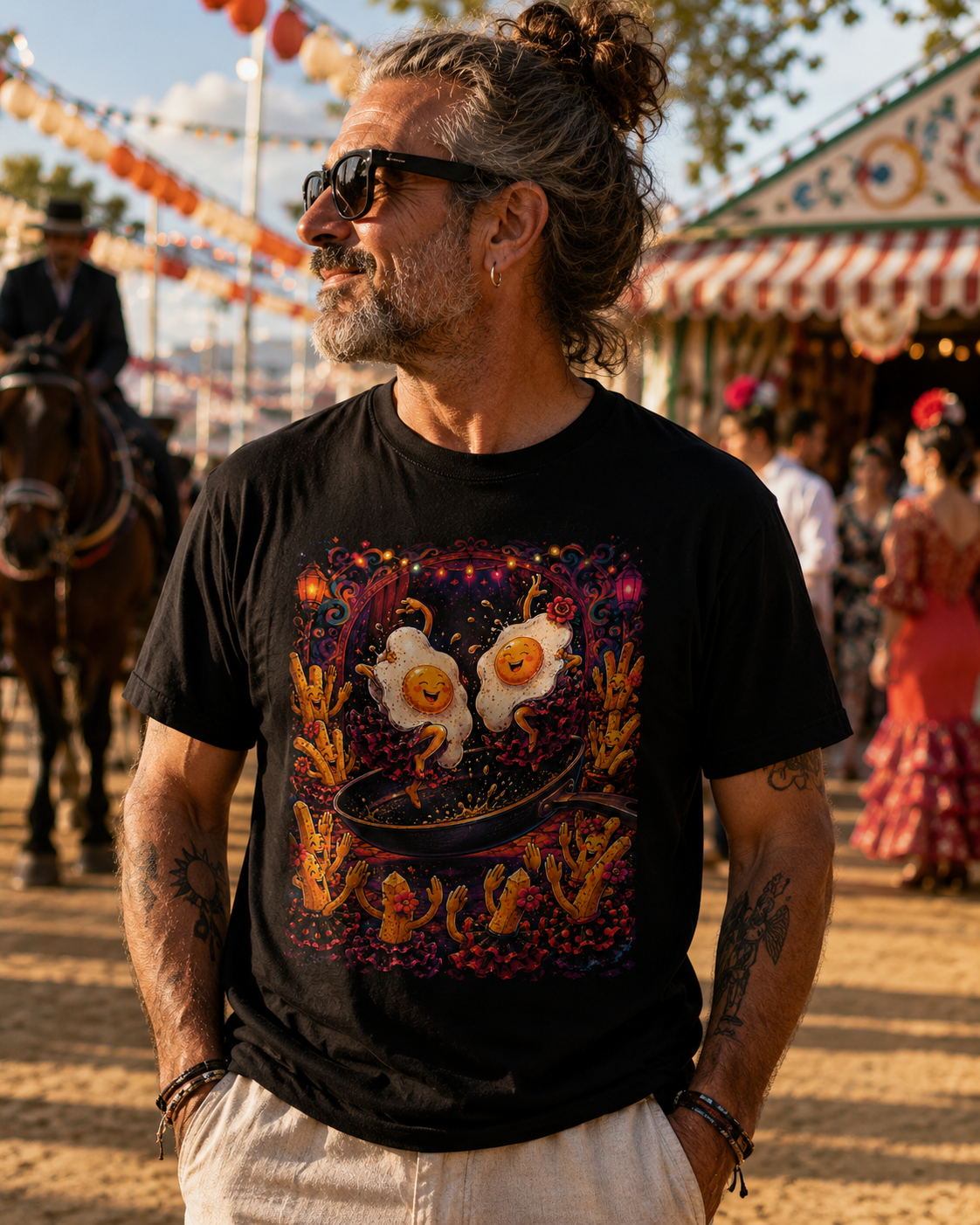 Man wearing a black T-shirt with a unique design featuring surreal elements, representing swimming as flyings.