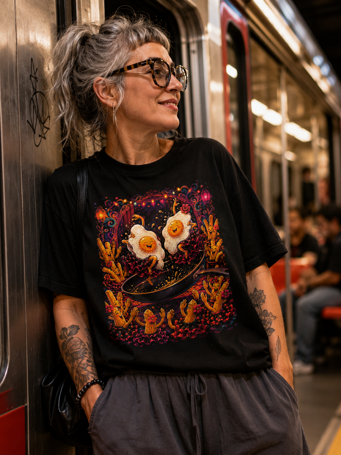 Woman wearing a black T-shirt with an intricate illustration, featuring surreal art in a subway setting, swimming as flyings.