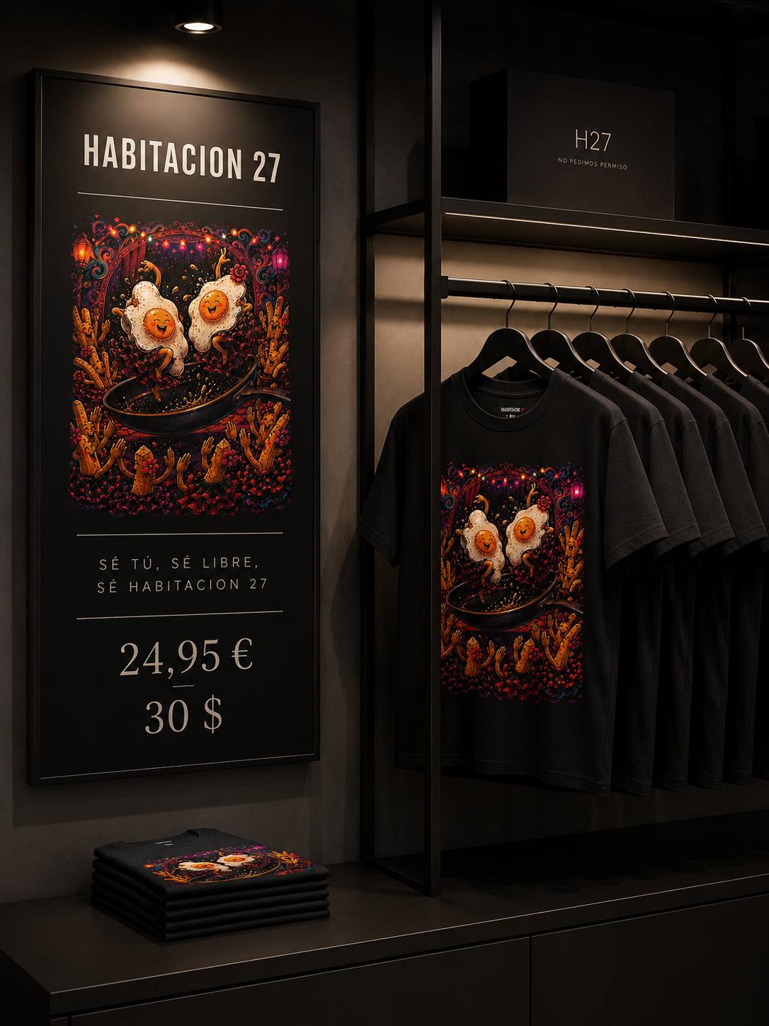 Black T-shirt featuring surreal design from Mal Viaje, showcasing the concept of swimming as flyings.