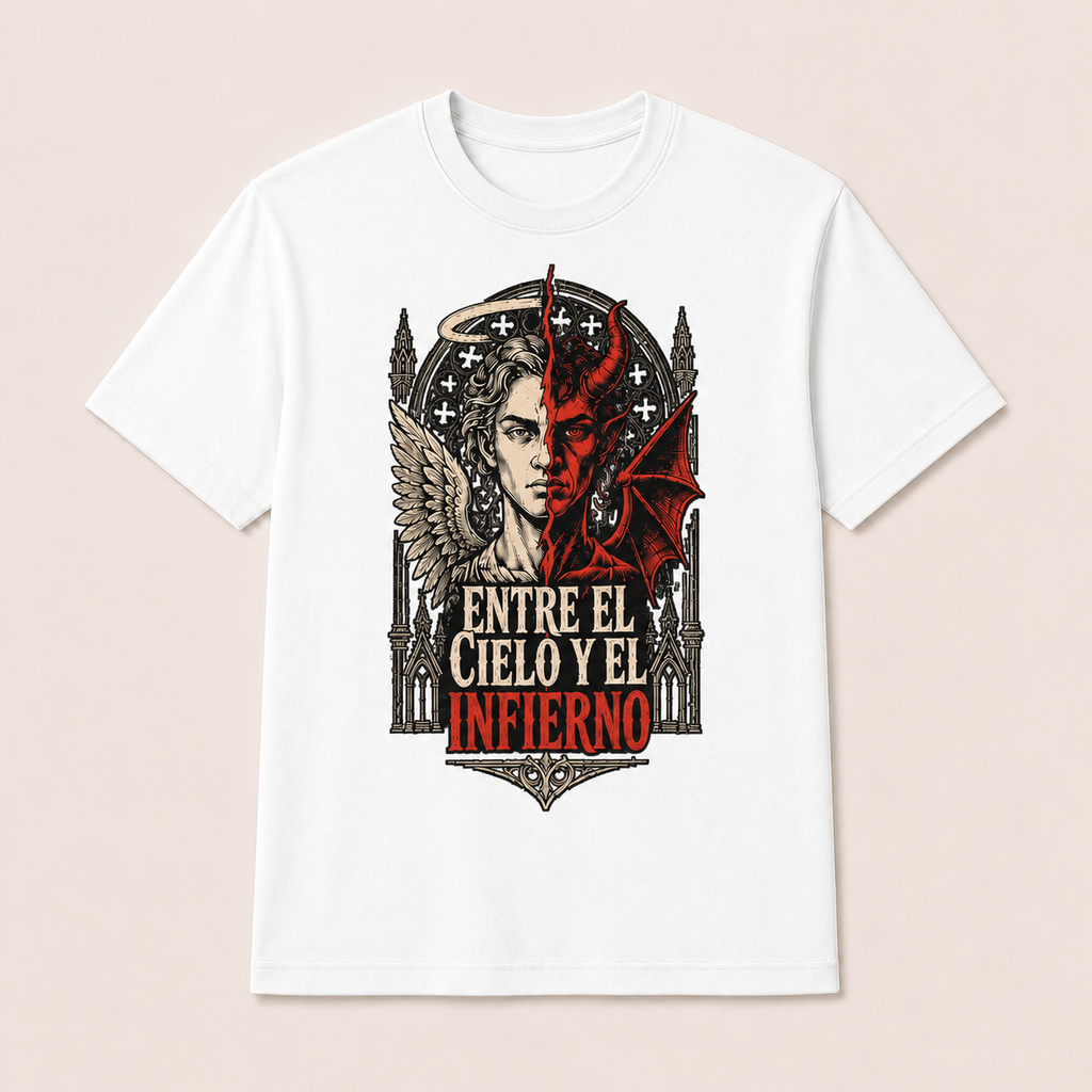 Camiseta Entre el Cielo y el Infierno Original en blanco · vista delantera