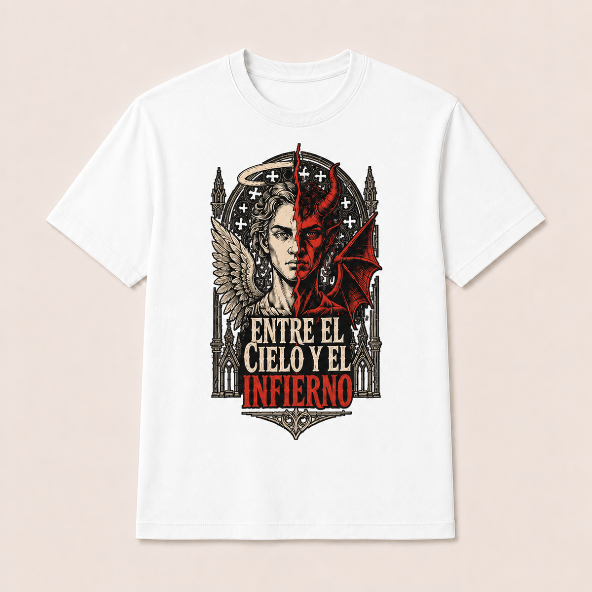 Camiseta Entre el Cielo y el Infierno Original en blanco · vista delantera