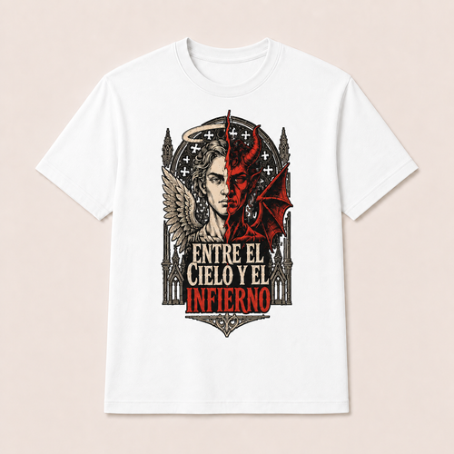 Camiseta Entre el Cielo y el Infierno Original en blanco · vista delantera