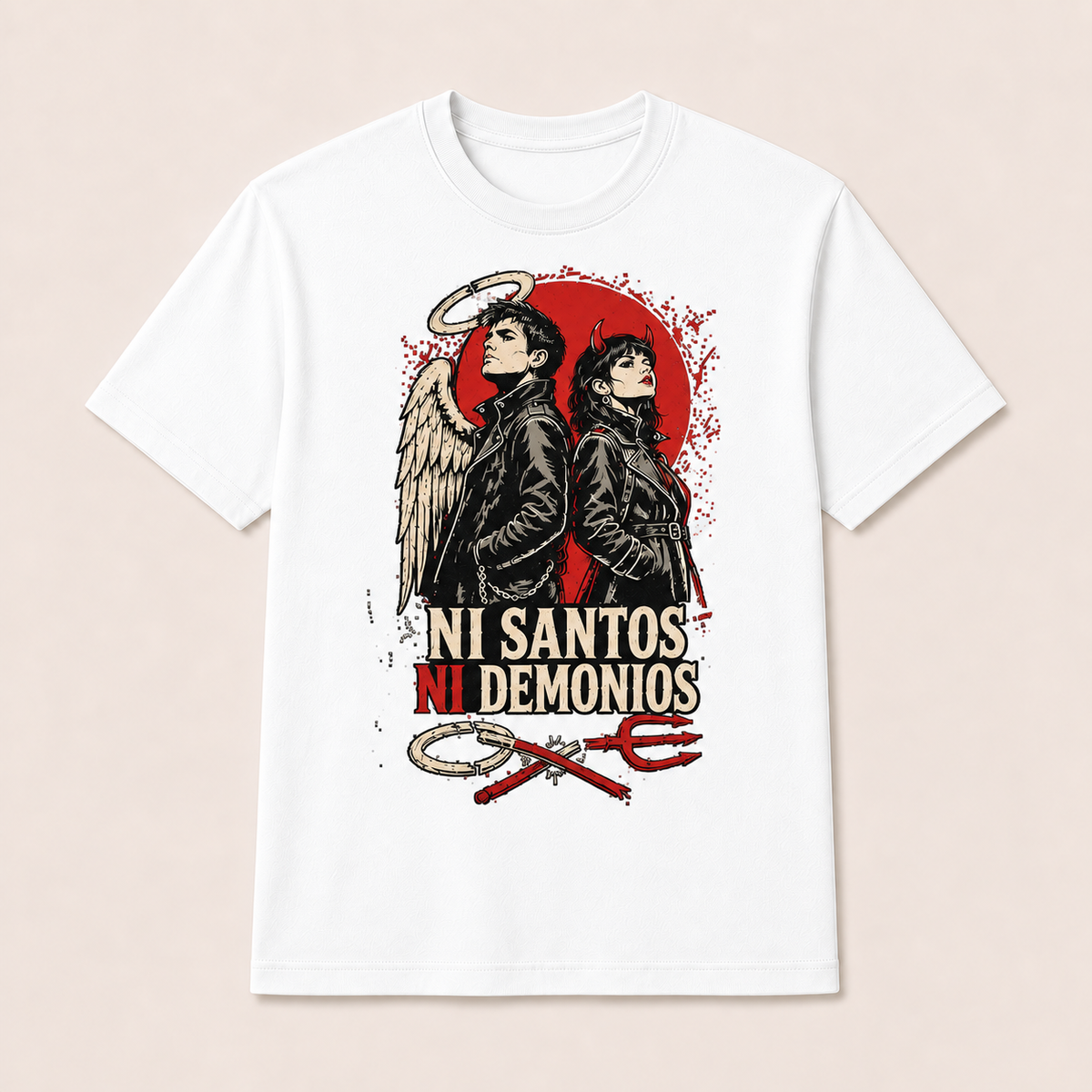 Camiseta Ni Santos Ni Demonios Original en blanco · vista delantera
