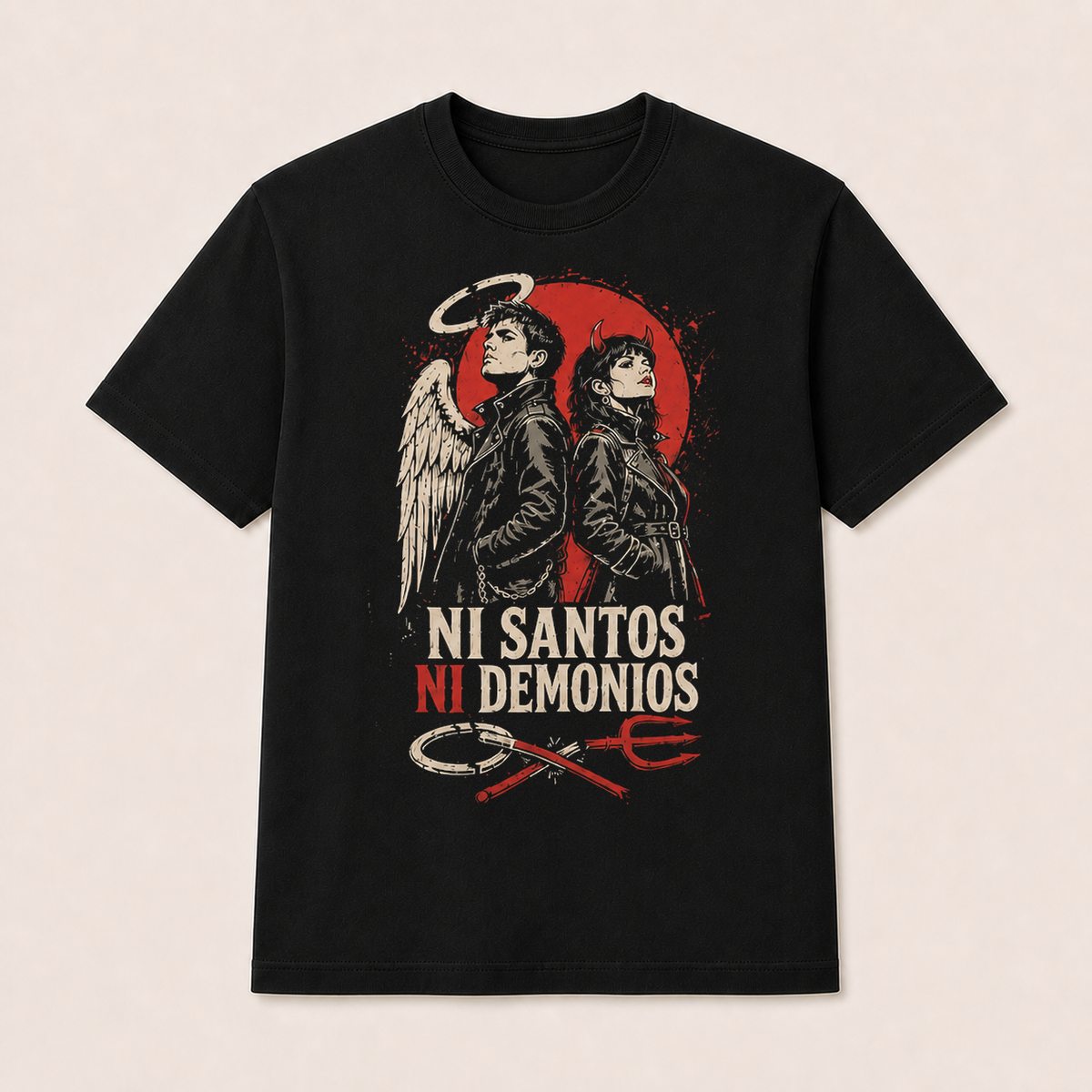 Camiseta Ni Santos Ni Demonios Original en negro · vista delantera
