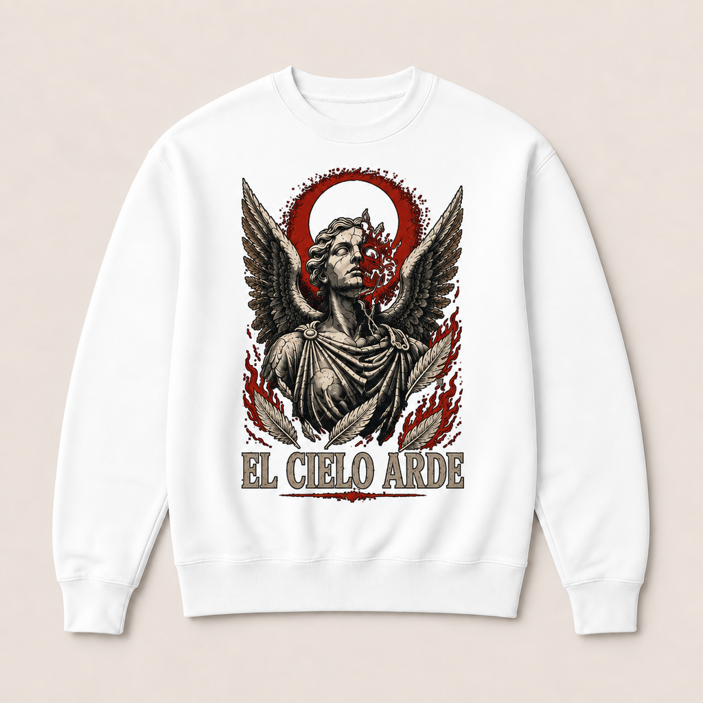 Sudadera El Cielo Arde Sin capucha en blanco · vista delantera