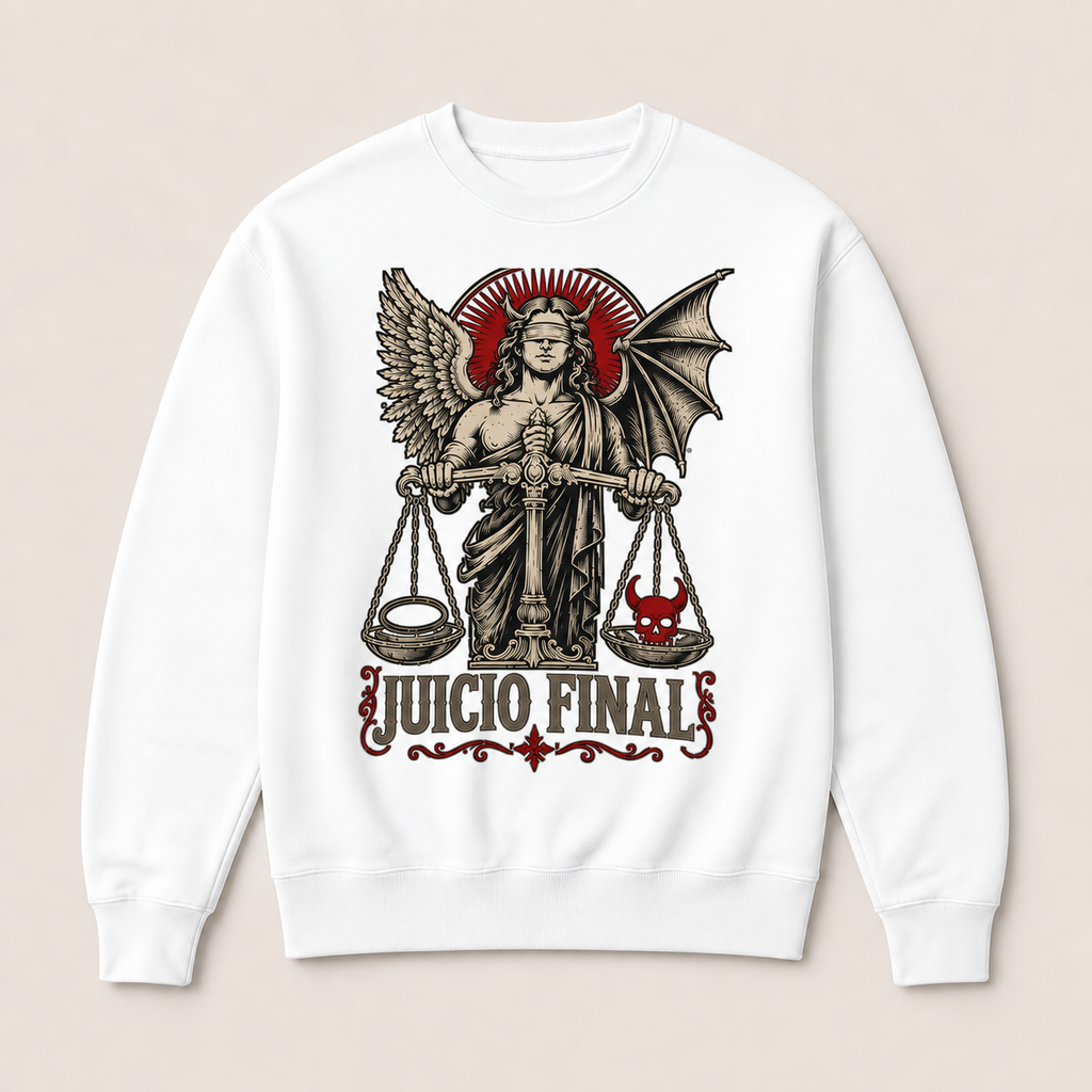 Sudadera Juicio Final Sin capucha en blanco · vista delantera