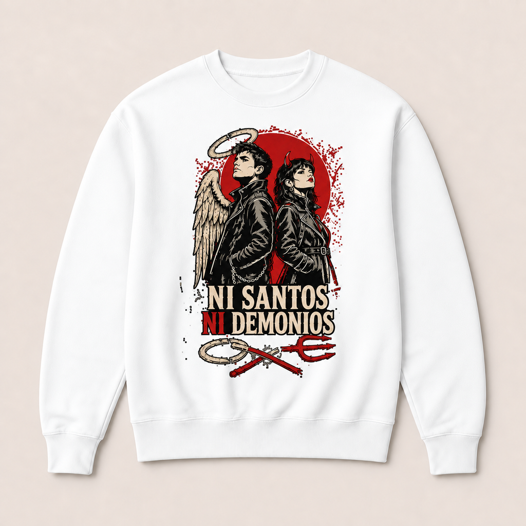 Sudadera Ni Santos Ni Demonios Sin capucha en blanco · vista delantera