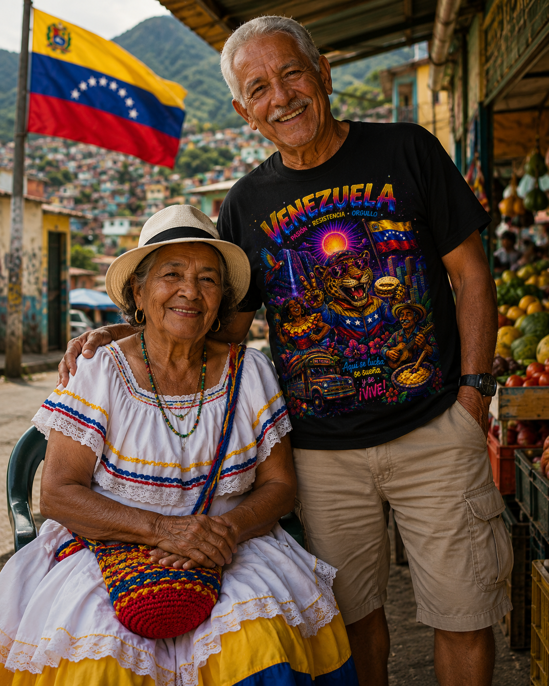 Image of an elderly Venezuelan couple celebrating their culture, showcasing Somos Venezuela product design.
