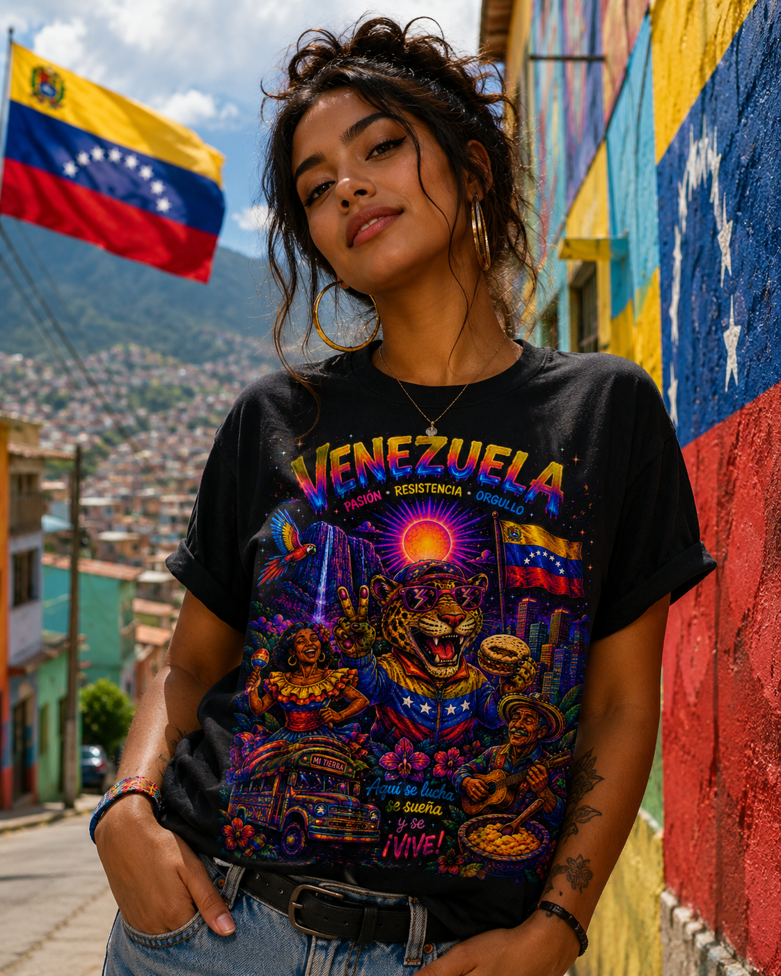 Model wearing Somos Venezuela product design t-shirt, featuring vibrant colors and designs celebrating Venezuelan culture.