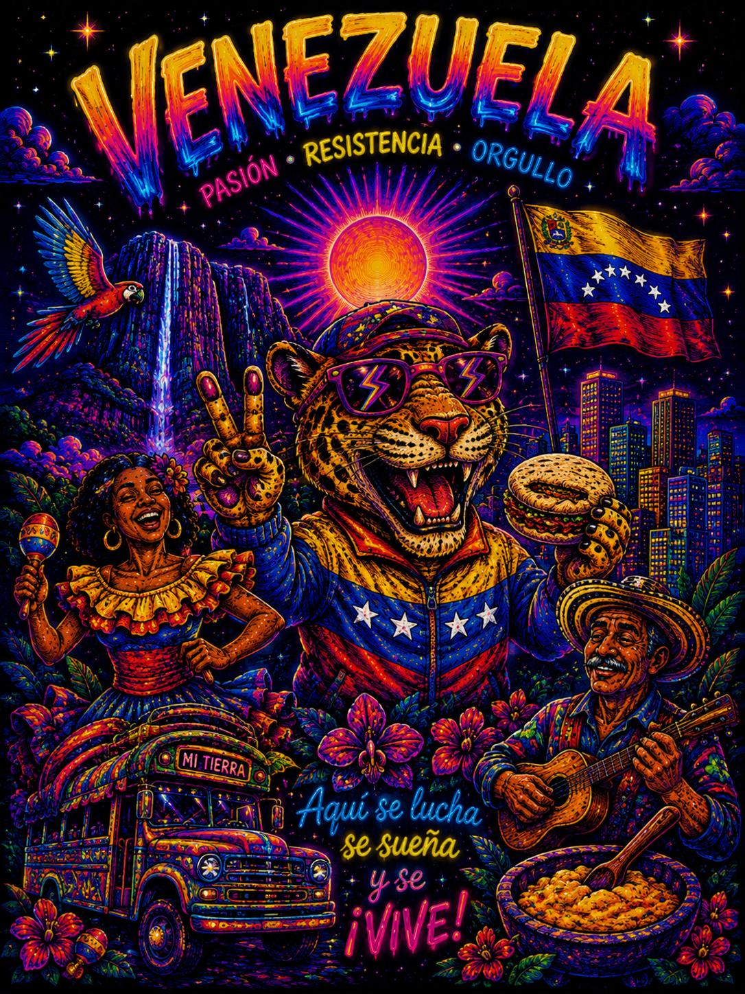 Vibrant Somos Venezuela product design featuring a joyful lion, traditional figures, and the Venezuelan flag.