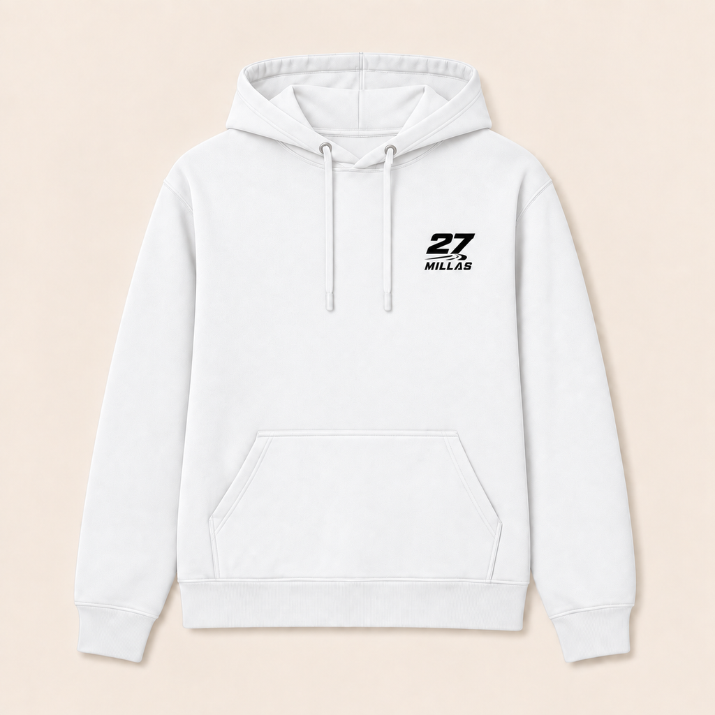 27 Millas — Sudadera con capucha, blanco, vista frontal con logo pequeño en el pecho izquierdo