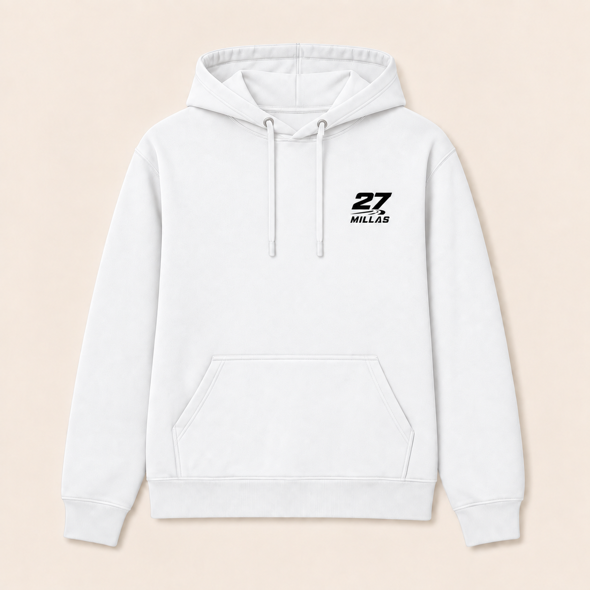27 Millas — Sudadera con capucha, blanco, vista frontal con logo pequeño en el pecho izquierdo
